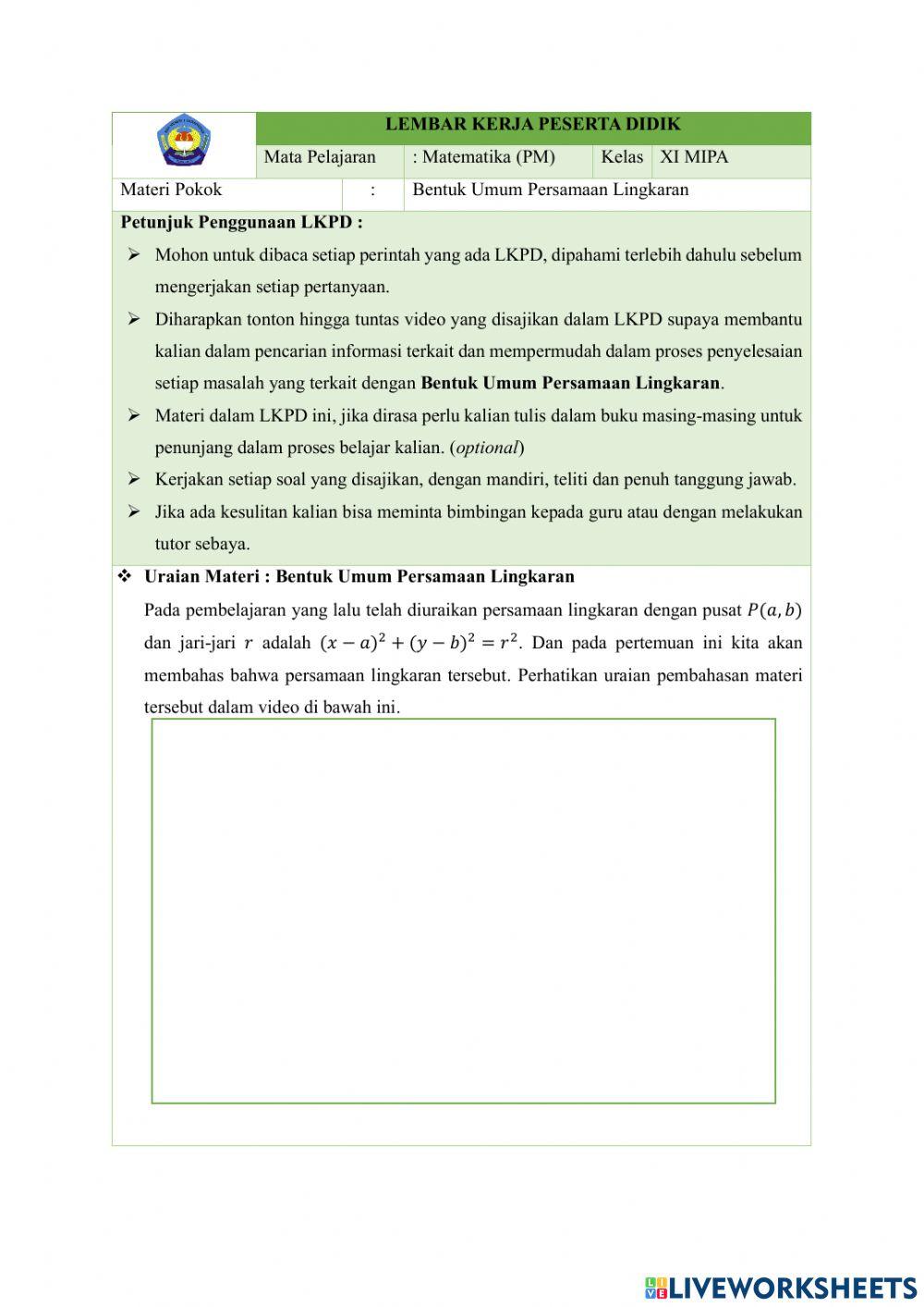 LKPD Bentuk Umum Persamaan Lingkaran