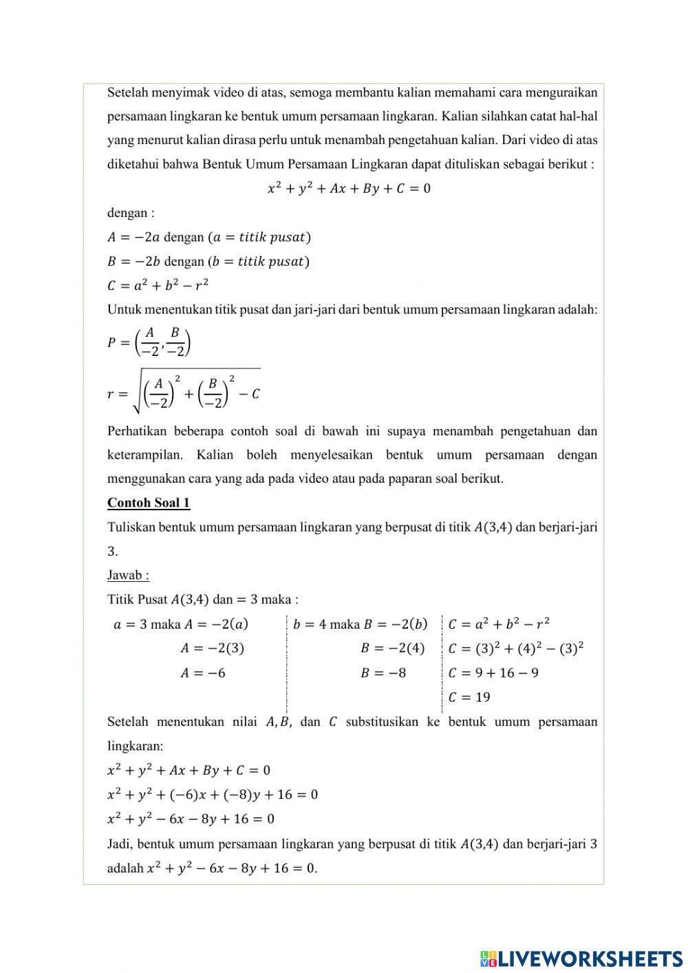 LKPD Bentuk Umum Persamaan Lingkaran