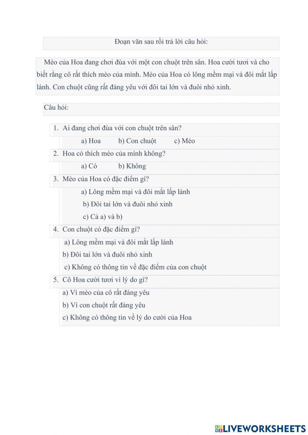 Đề đọc hiểu lớ 1. đề 2