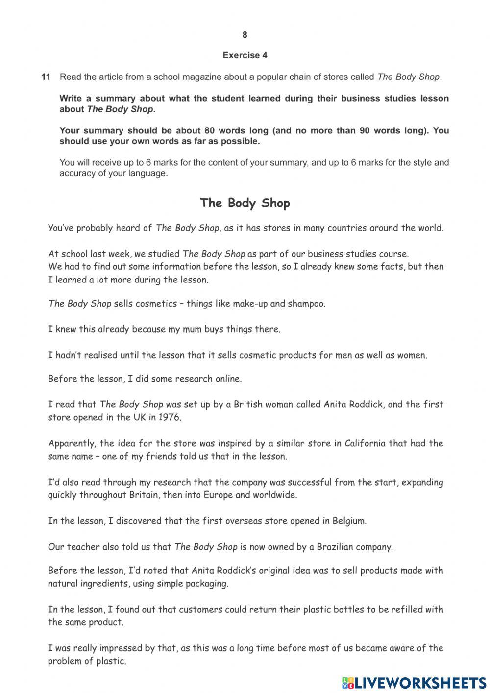 SummaryThe Body Shop worksheet Live Worksheets