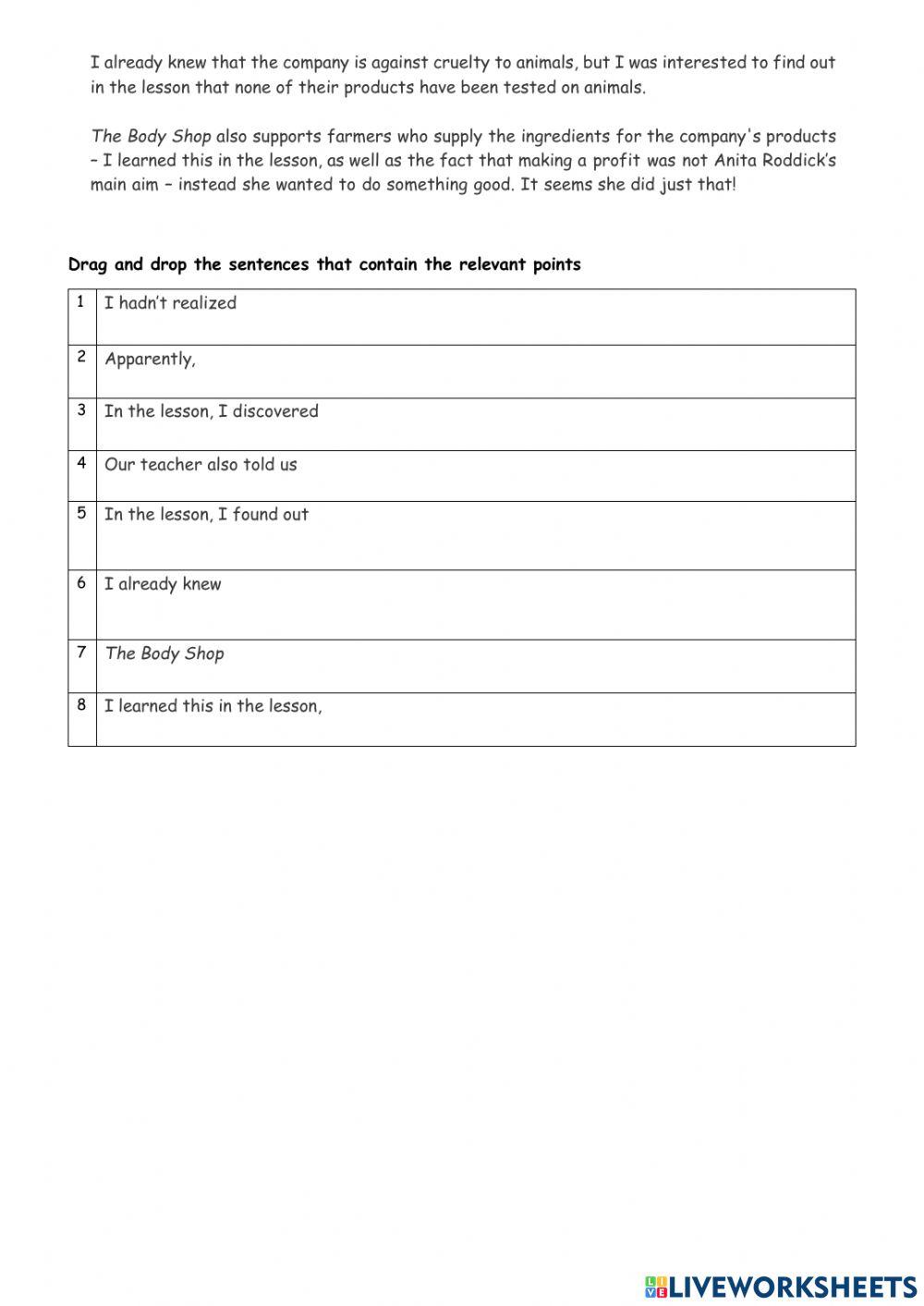 SummaryThe Body Shop worksheet Live Worksheets