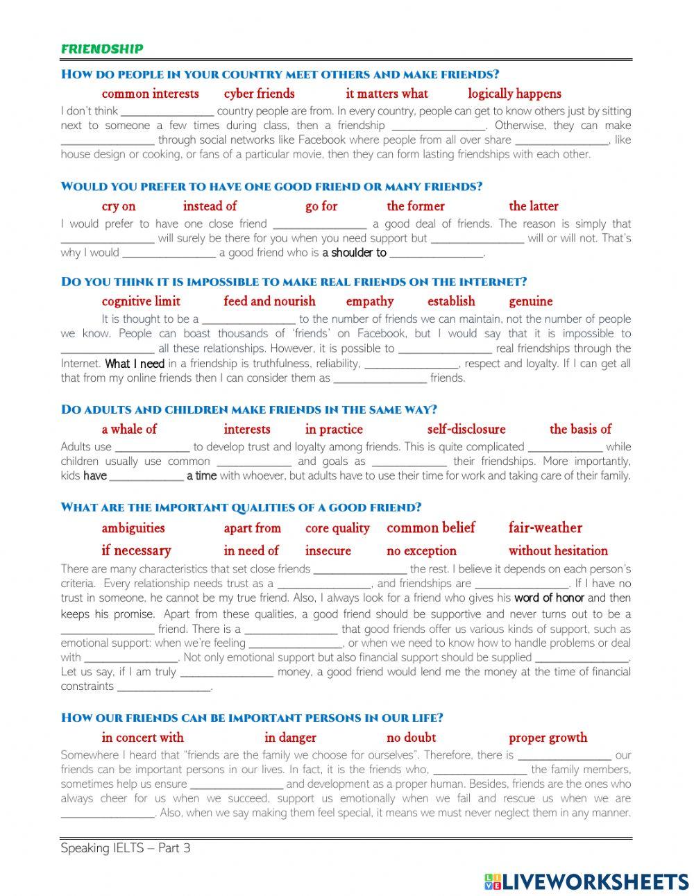 FRIENDSHIP - SPEAKING Q-A P2