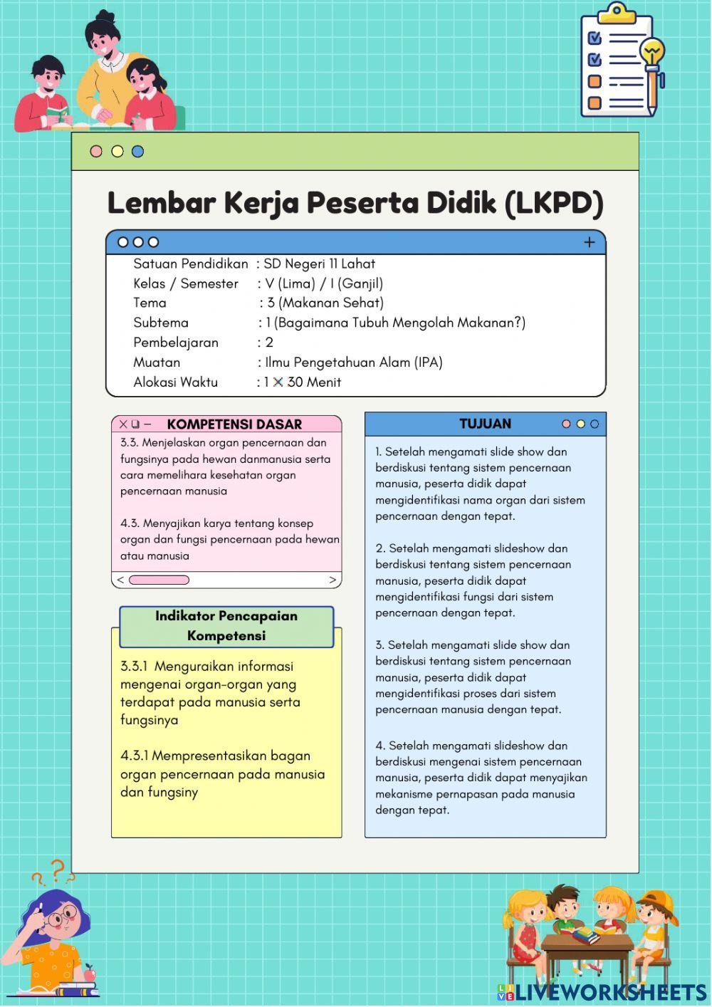 LKPD Sistem Pencernaan Kelas 5 Tema 3 Subtema 1 Pembelajaran 2 FIX