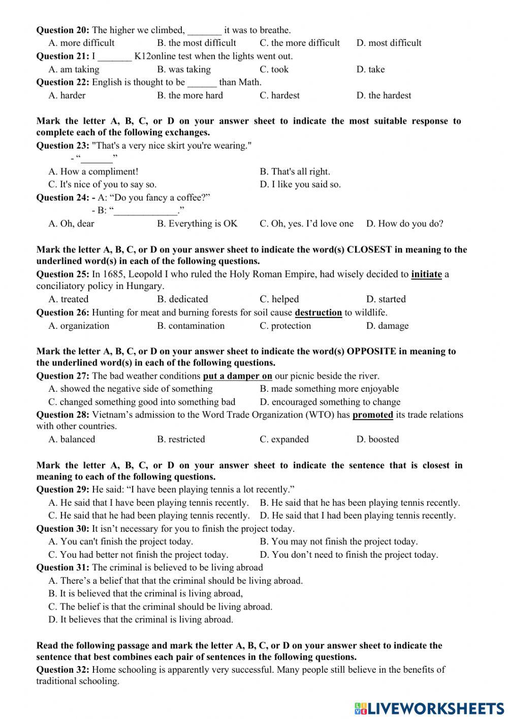 Sample test for the second mid term test (grade 12)