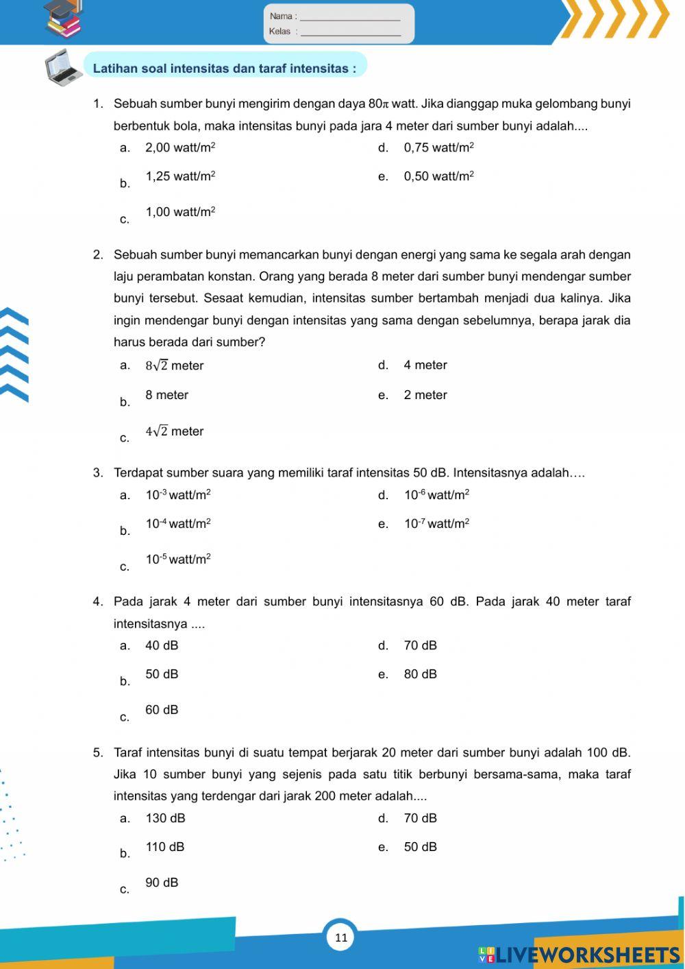 Latihan Soal Intensitas dan Taraf Intensitas Bunyi