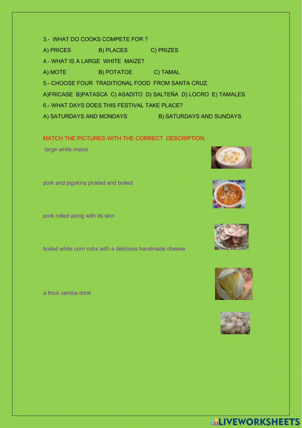 First class EF1 reading comprehension typical food from Sanat Cruz