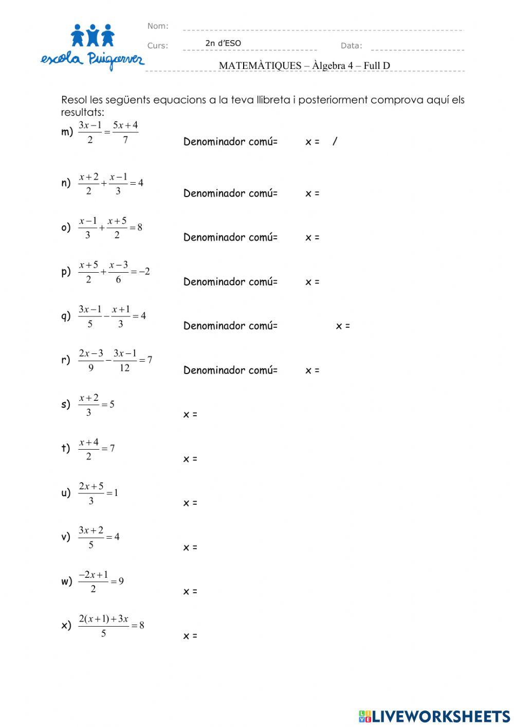 Àlgebra - Equacions 4 - Full D2