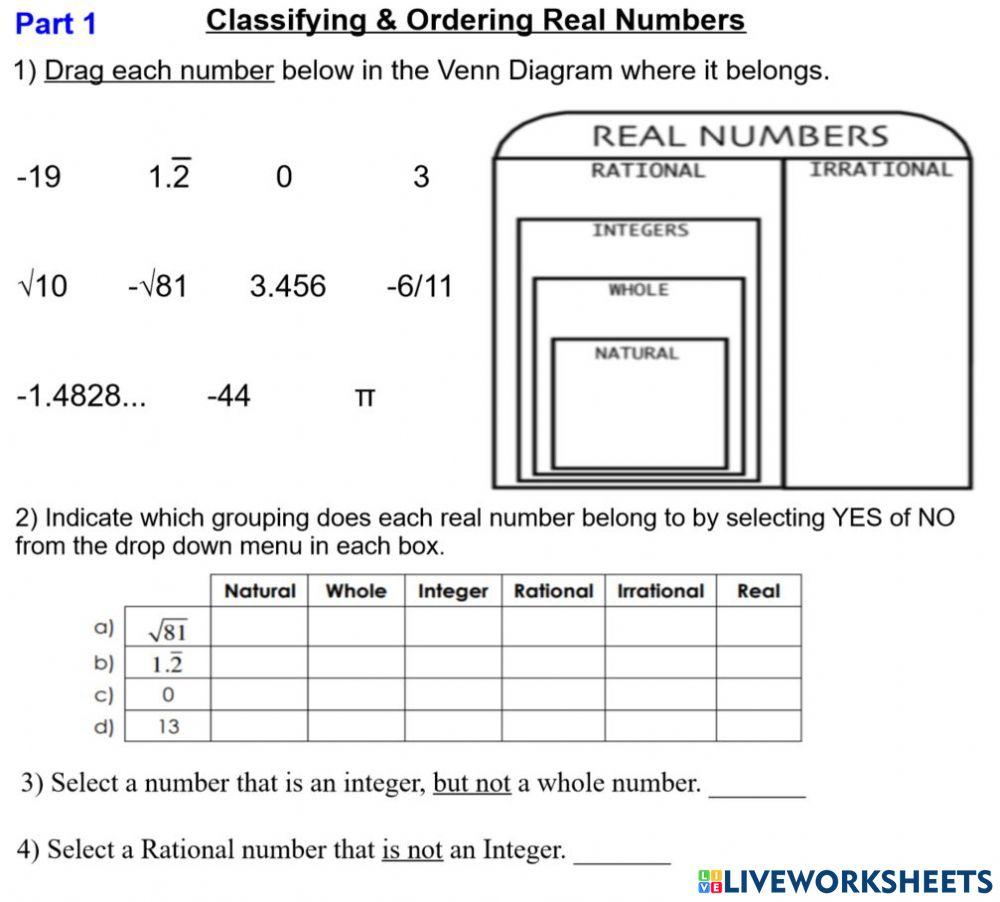 Classifying & Ordering Real Numbers-Part 1 interactive worksheet | Live Worksheets classifying-ordering-real-numbers-part-1-interactive-worksheet-live-worksheets