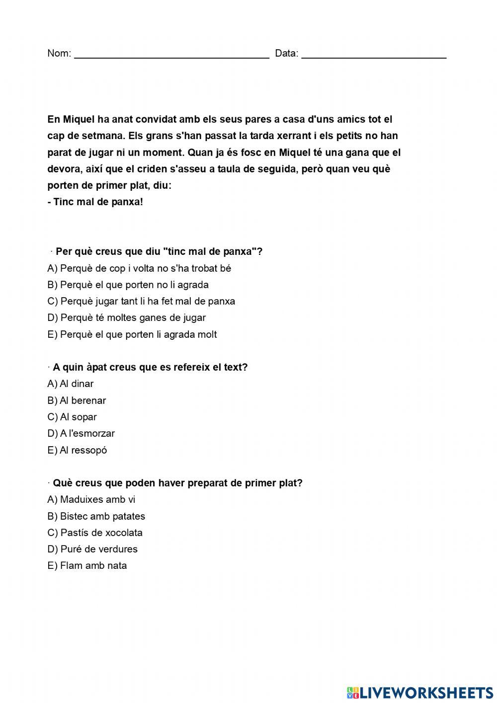 Comprensió lectora EN MIQUEL