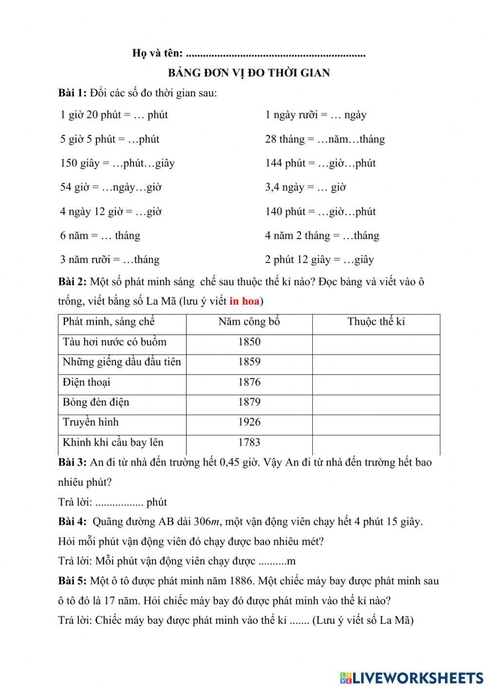 Ôn tập Toán thời gian lớp 5