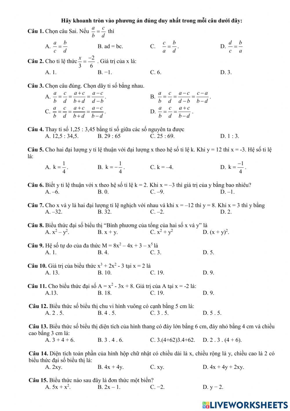ÔN TẬP GIƯA HỌC KHII ĐẠI SỐ 7