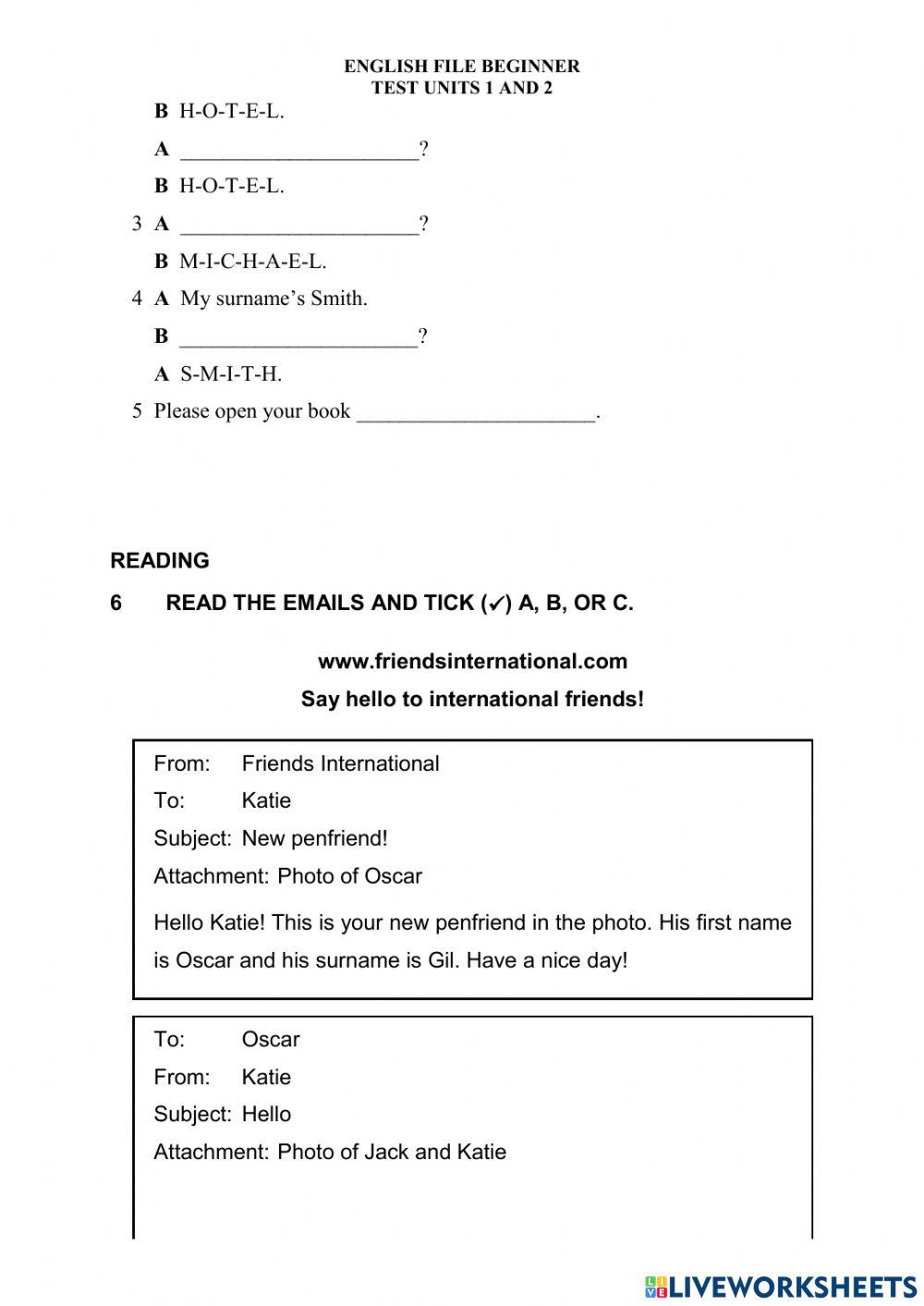 EF beginner units 1 and 2 TEST