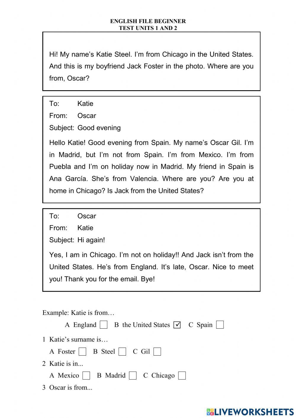 EF beginner units 1 and 2 TEST