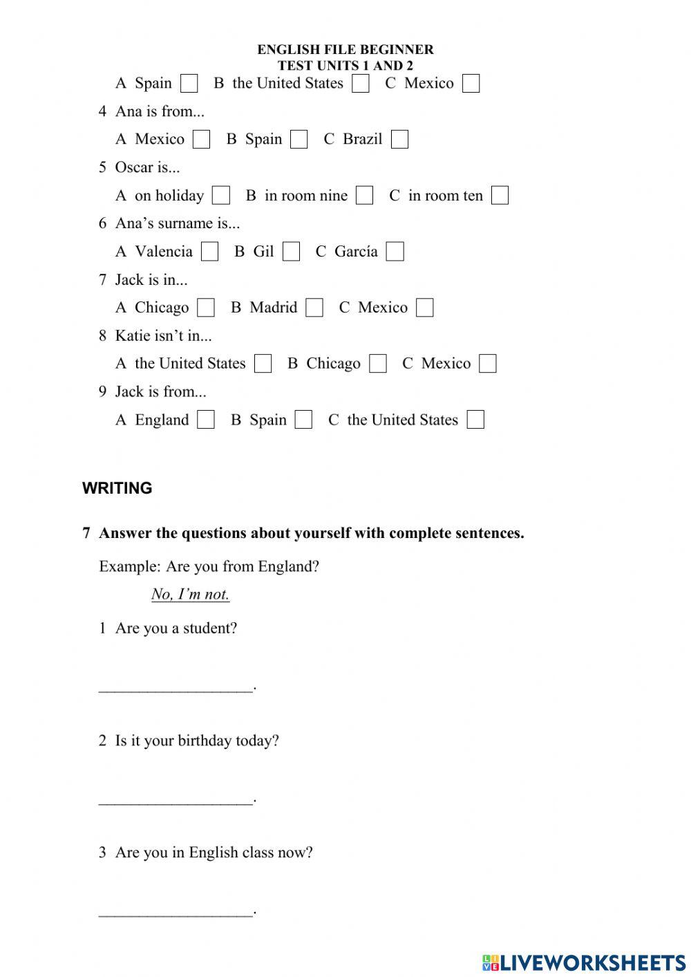EF beginner units 1 and 2 TEST