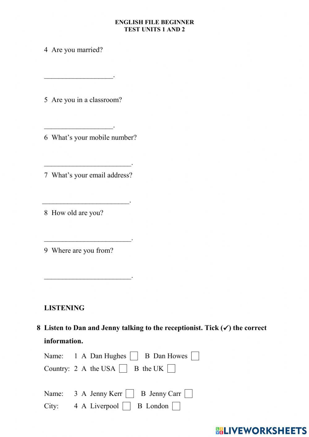 EF beginner units 1 and 2 TEST