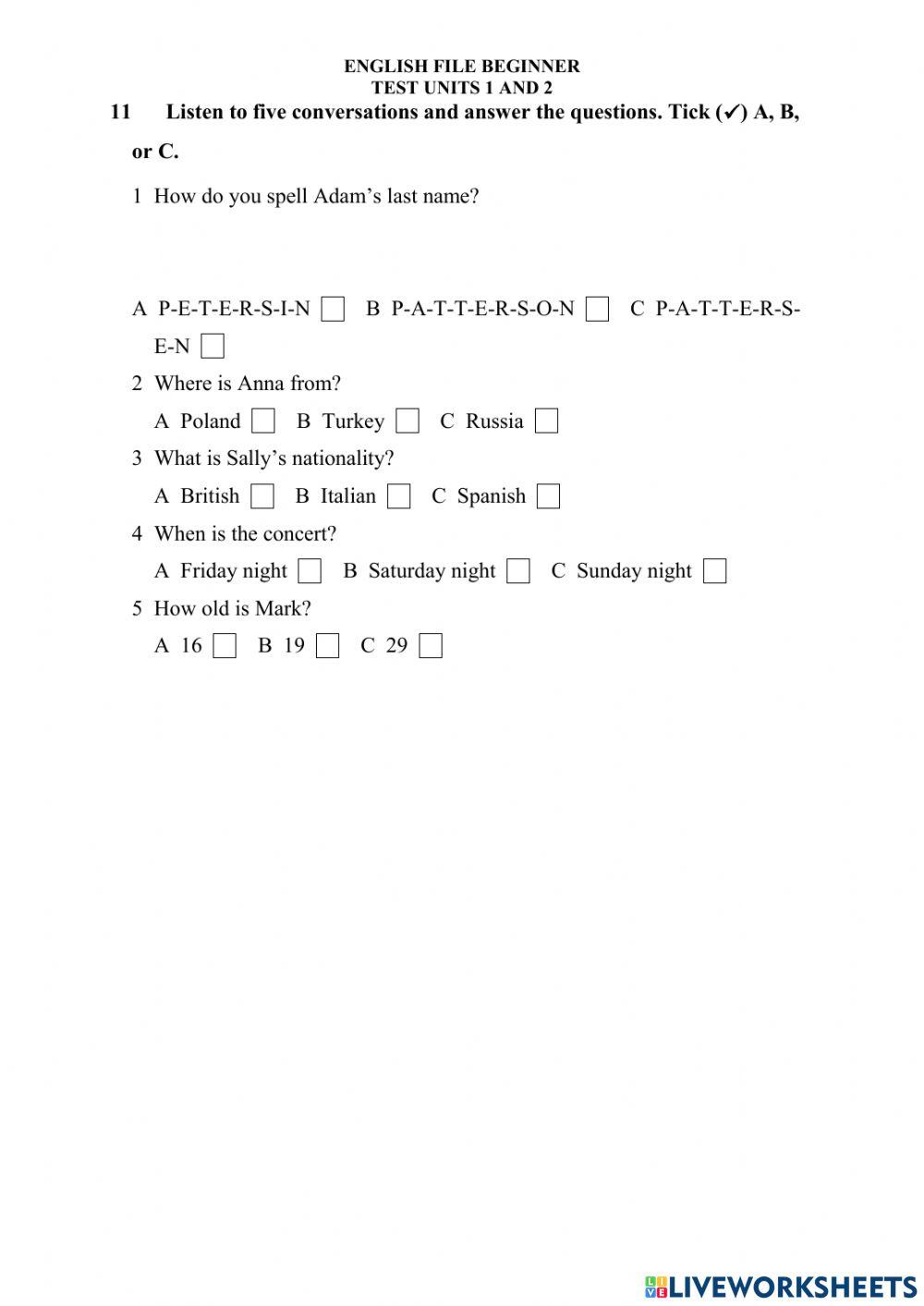 EF beginner units 1 and 2 TEST