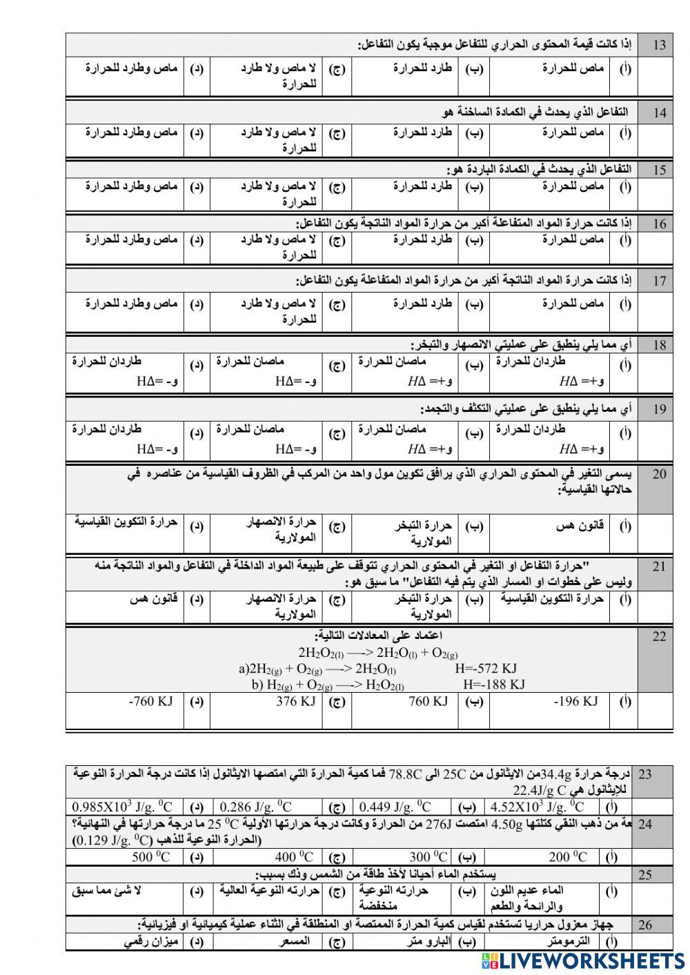 تحصيلي كيمياء 3 فصل الحرارة والتغيرات الكيميائية