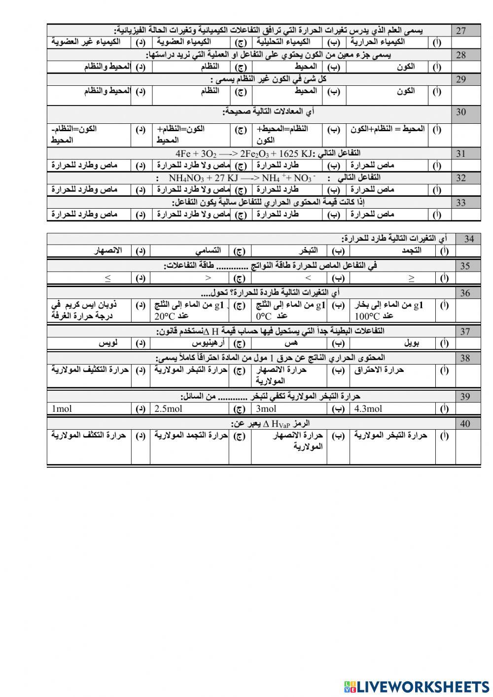 تحصيلي كيمياء 3 فصل الحرارة والتغيرات الكيميائية