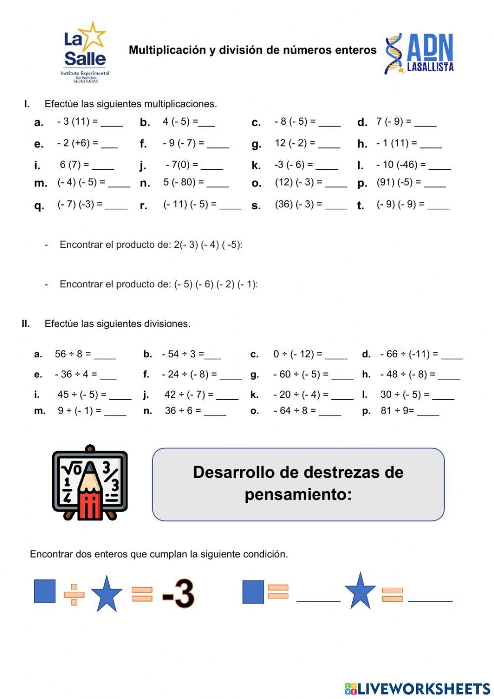 Multiplicación y sidivisión de números enteros