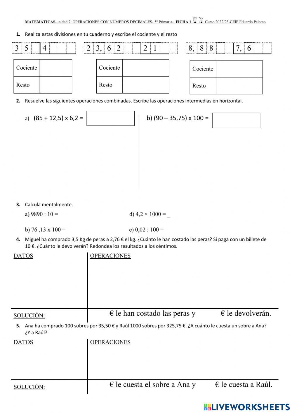 Operaciones con decimales