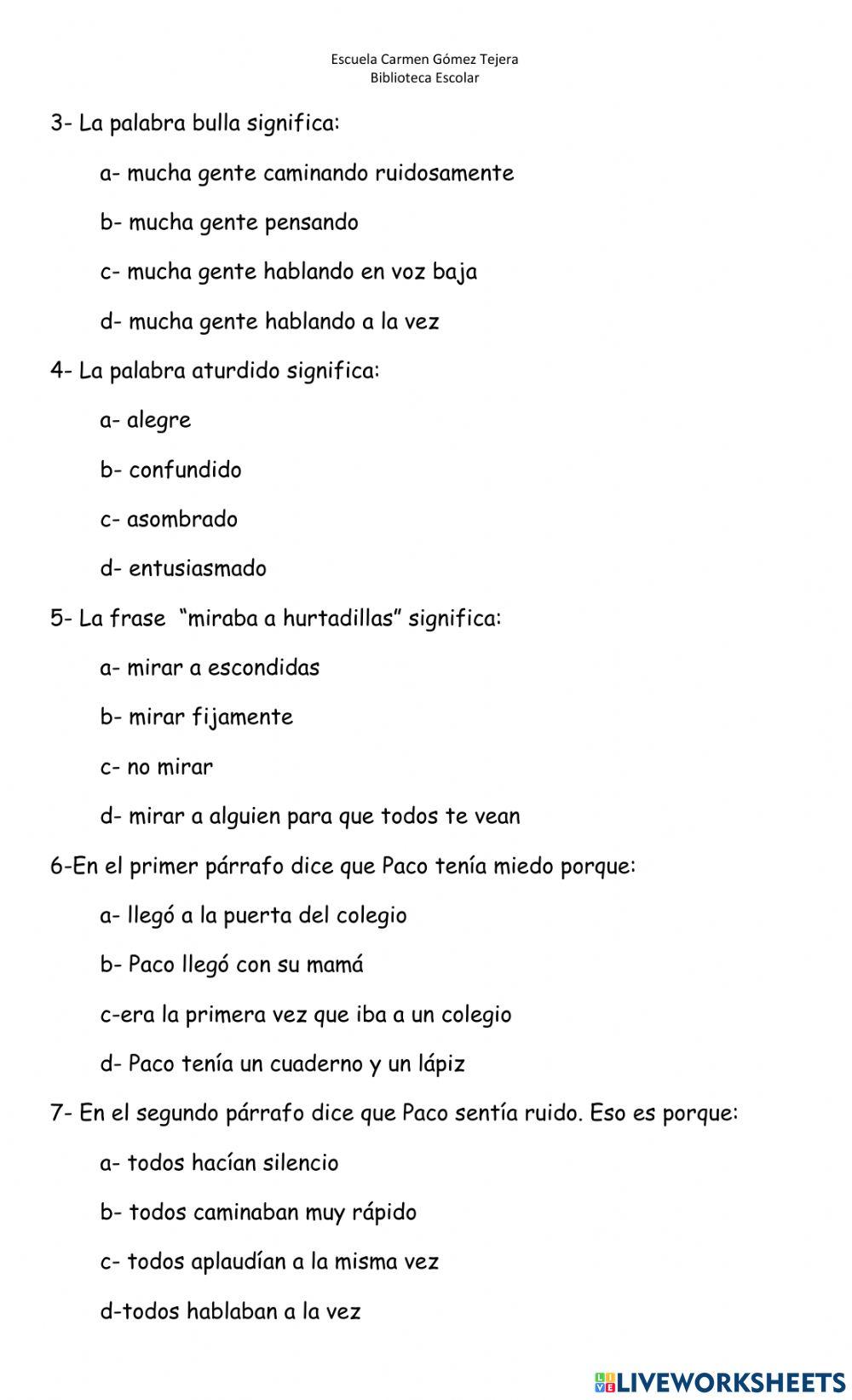 Paco Yunque- comprensión de lectura