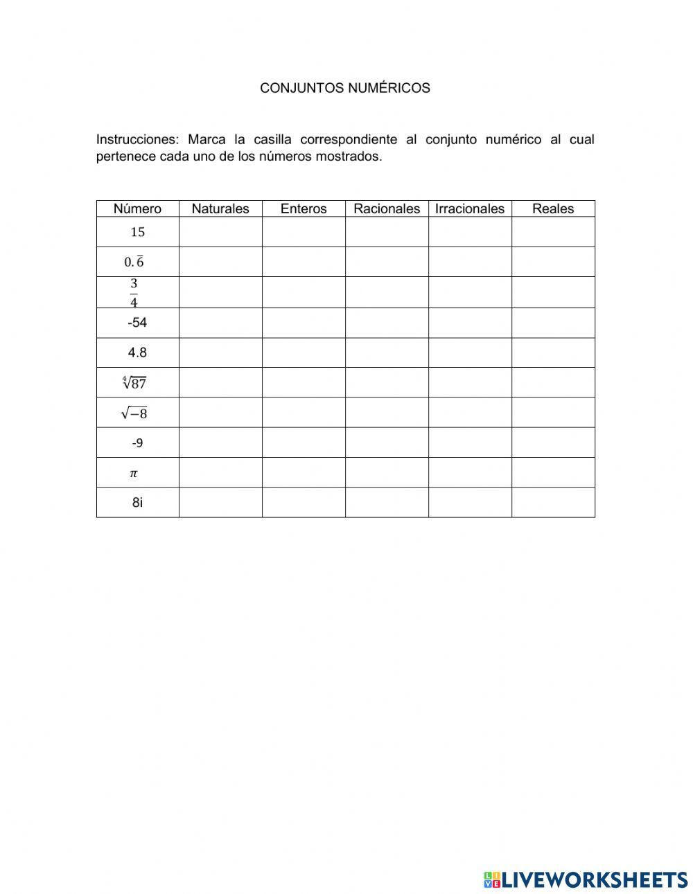 Clasificación de números en sus Conjuntos Numéricos