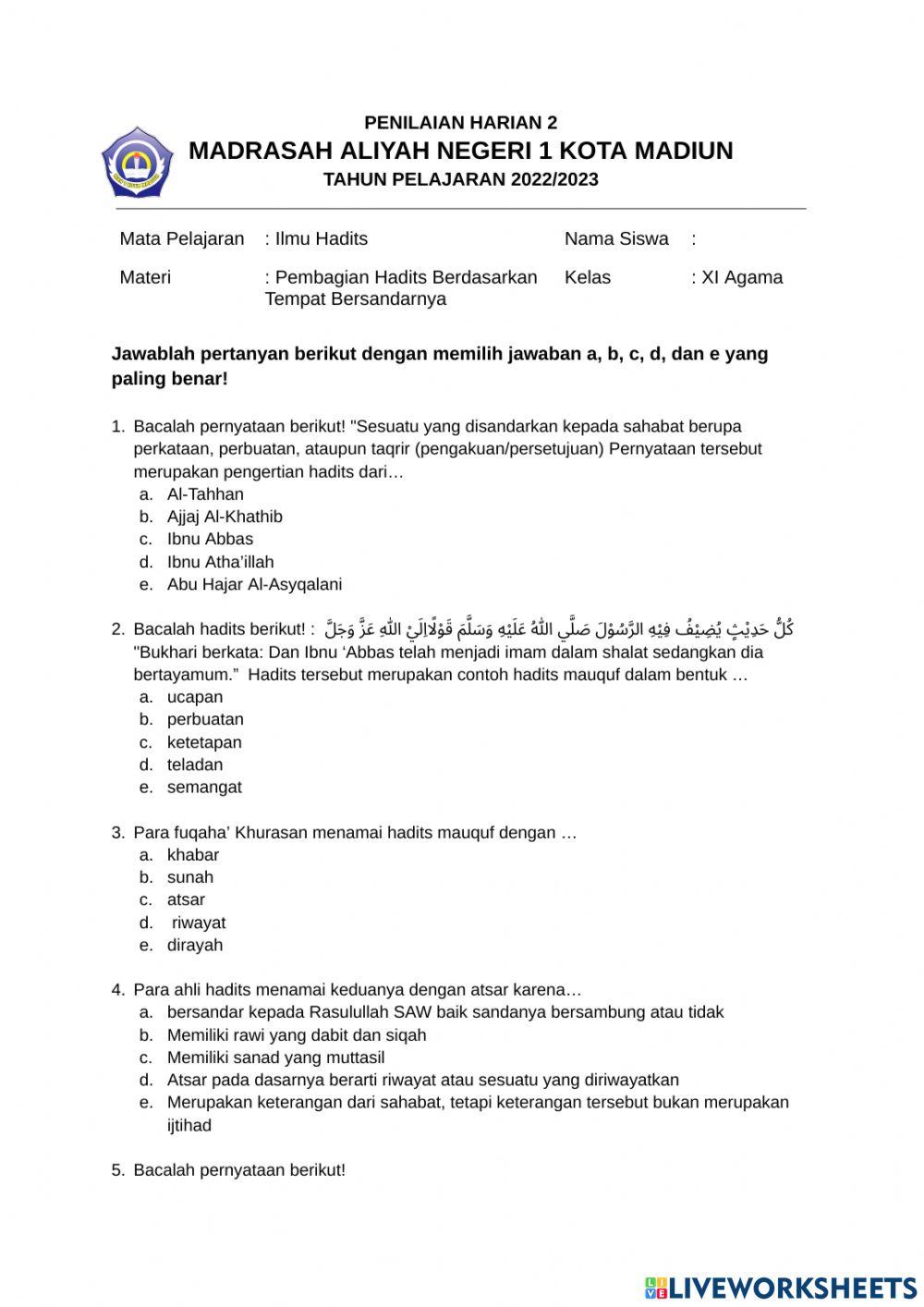 Pembagian Hadits Berdasarkan Tempat Bersandarnya