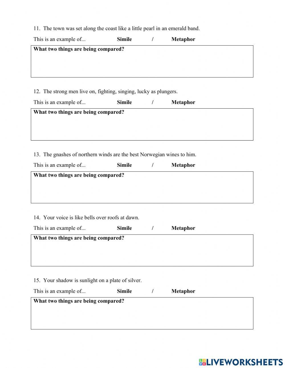 Simile Metaphor Worksheet 2305053 Casy Sylva Live