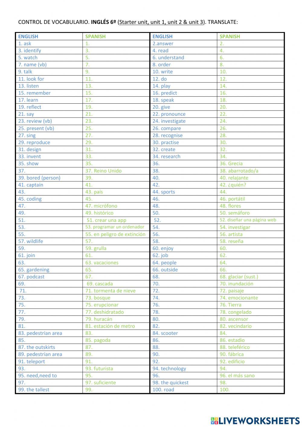 Control inglés 6º. starter unit to unit 3
