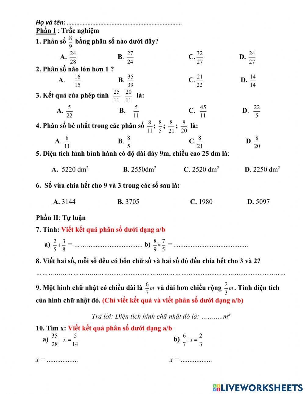 Ôn tập giữa kì II Toán 5