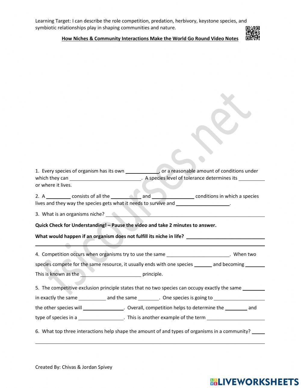 Niches - Community Interactions Video Notes worksheet | Live Worksheets