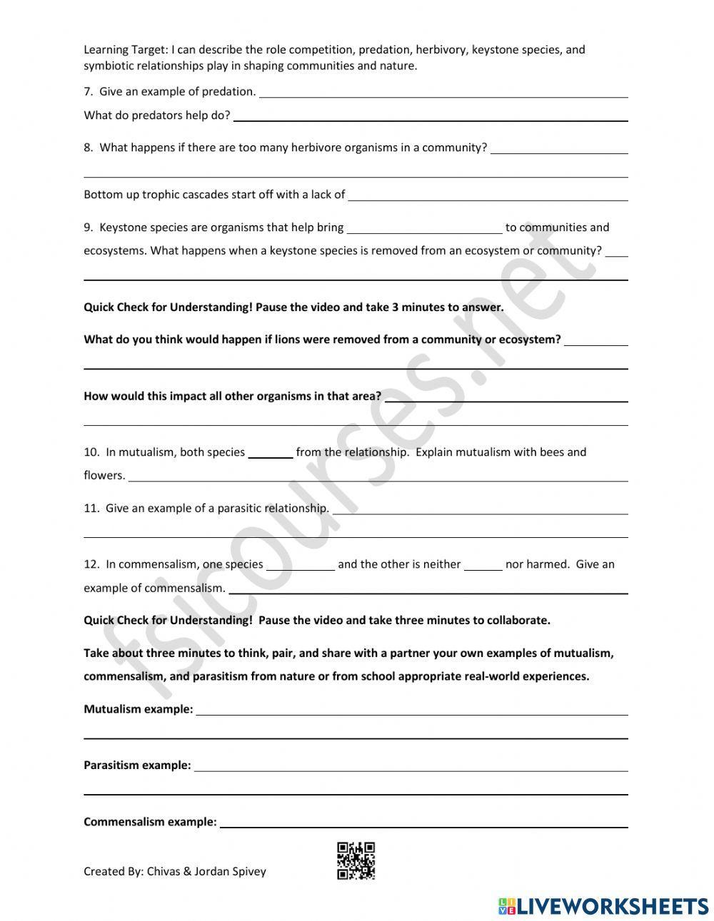 Niches - Community Interactions Video Notes worksheet | Live Worksheets