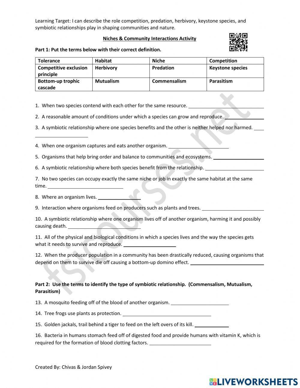 Niches and Community Interactions Activity worksheet | Live Worksheets