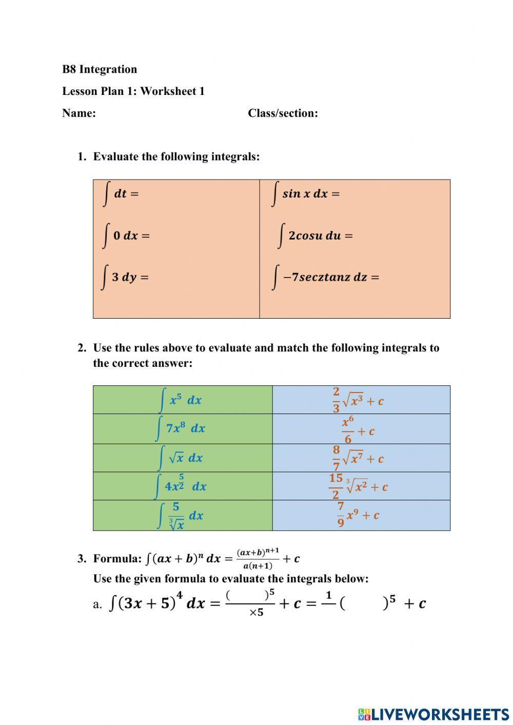 Integration worksheet for 11 | Live Worksheets