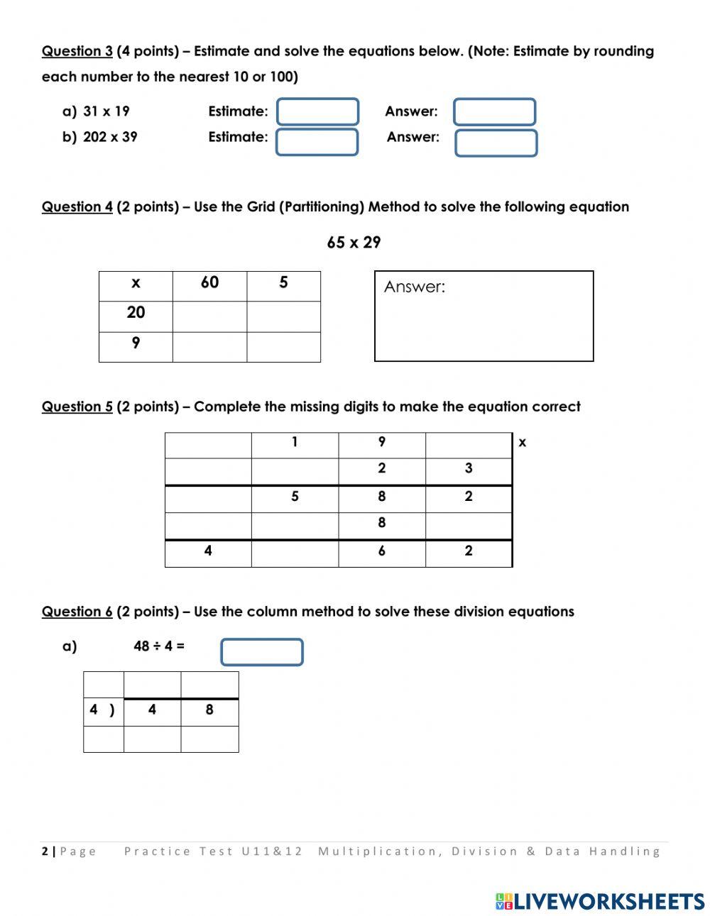 Maths Test - Multiplication, Division & Data