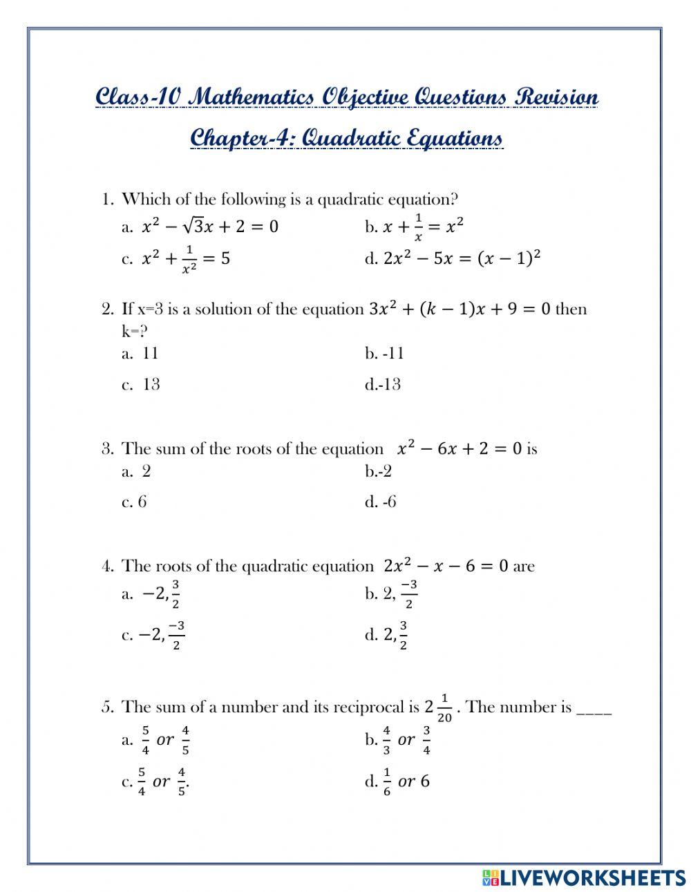 3663840 class 10 math quadratic equations mcqs revision