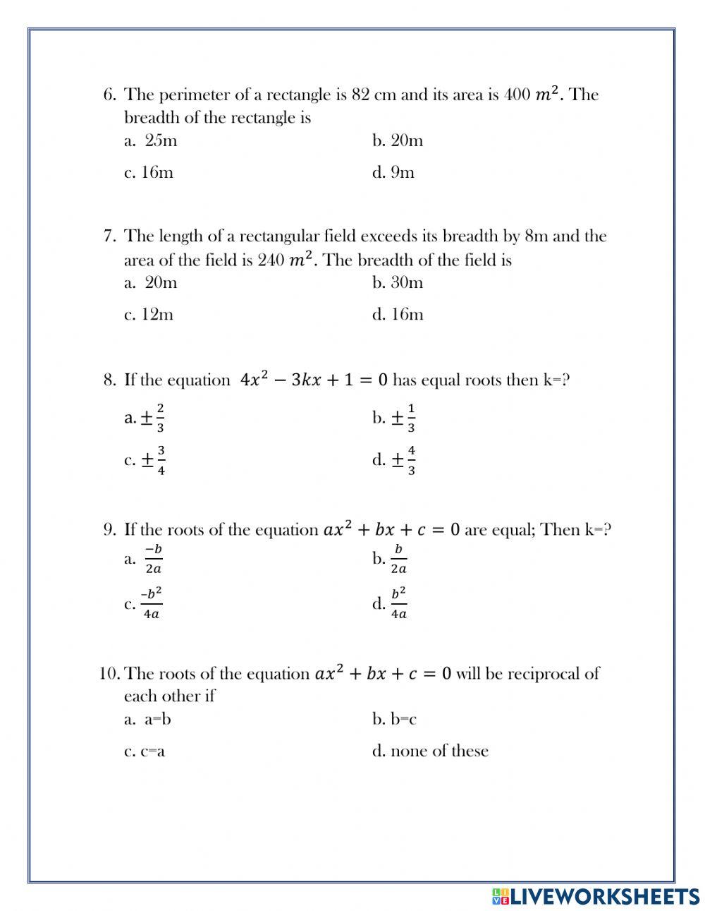 Class-10 Math Quadratic Equations MCQs Revision
