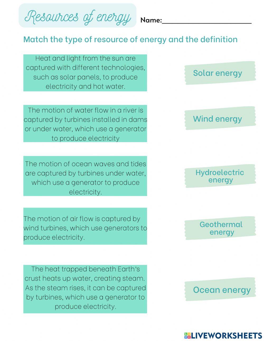 Resources of energy