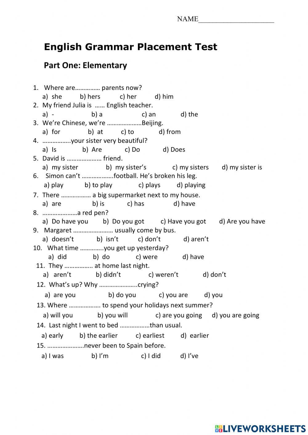 English Placement Test online exercise for | Live Worksheets