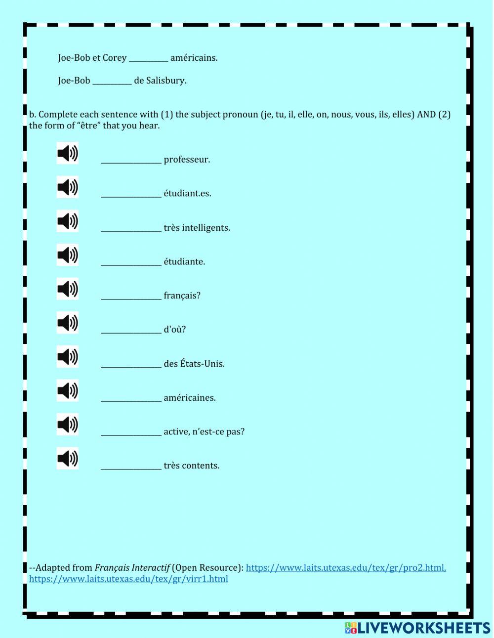Les Pronoms sujets et le verbe -être-