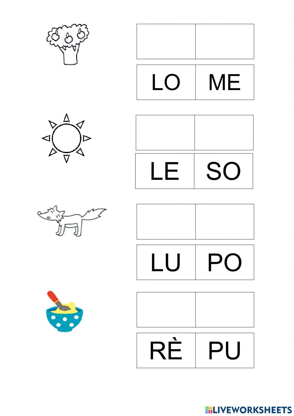 Riordina le sillabe (parole con sillabe m-l-p-r-s)