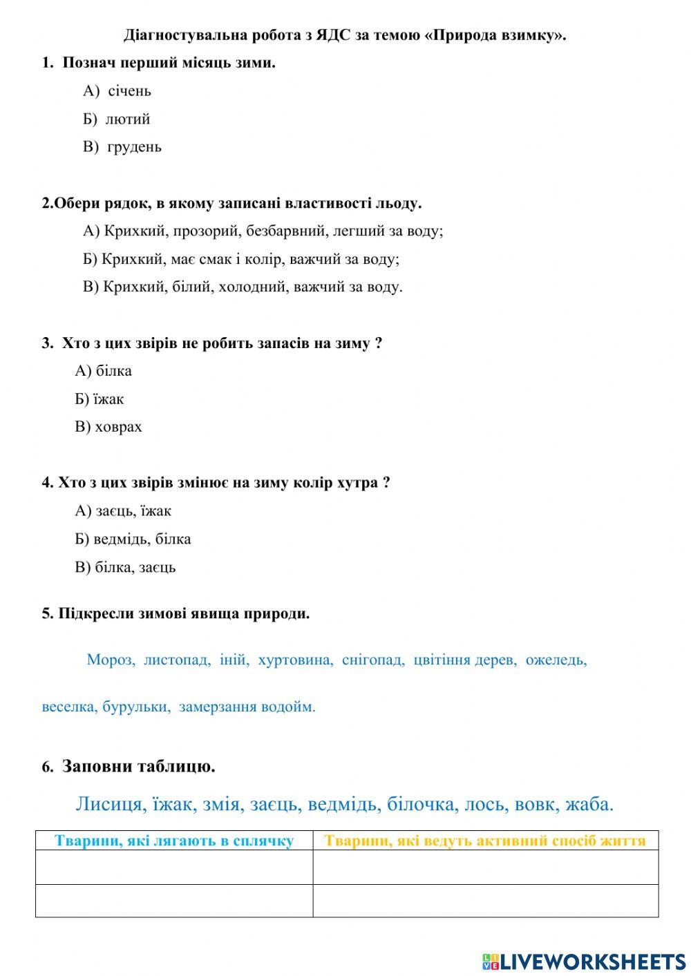 Діагностувальна робота з ЯДС за темою -Природа взимку-
