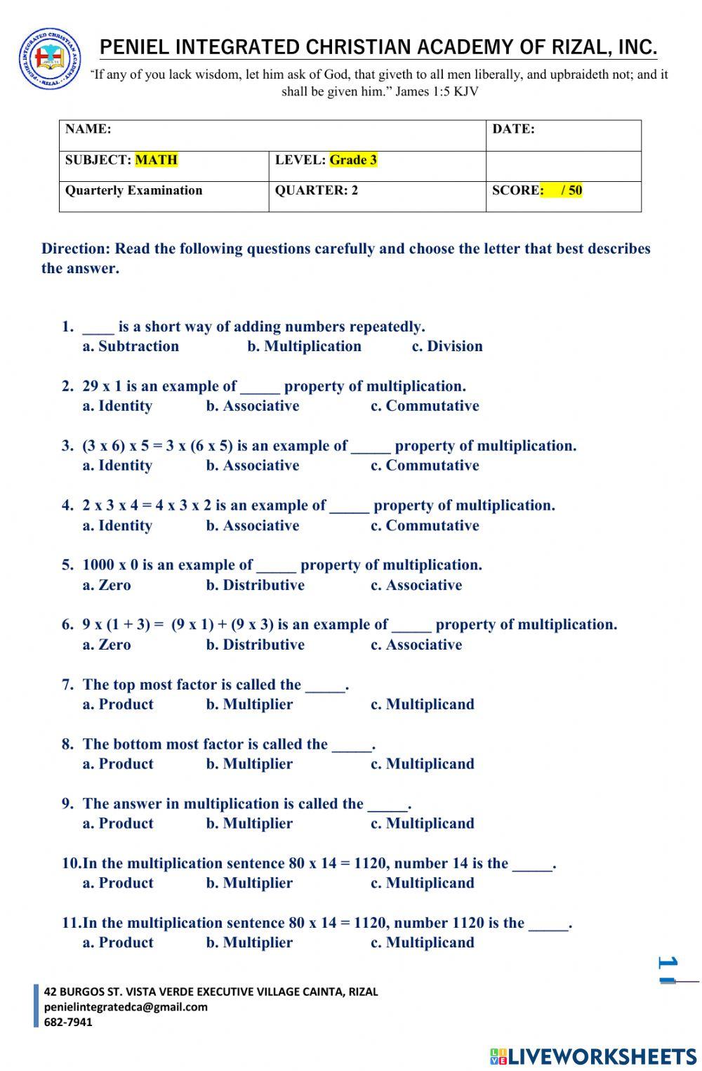 Q2 EXAM MATH 3 online exercise for | Live Worksheets