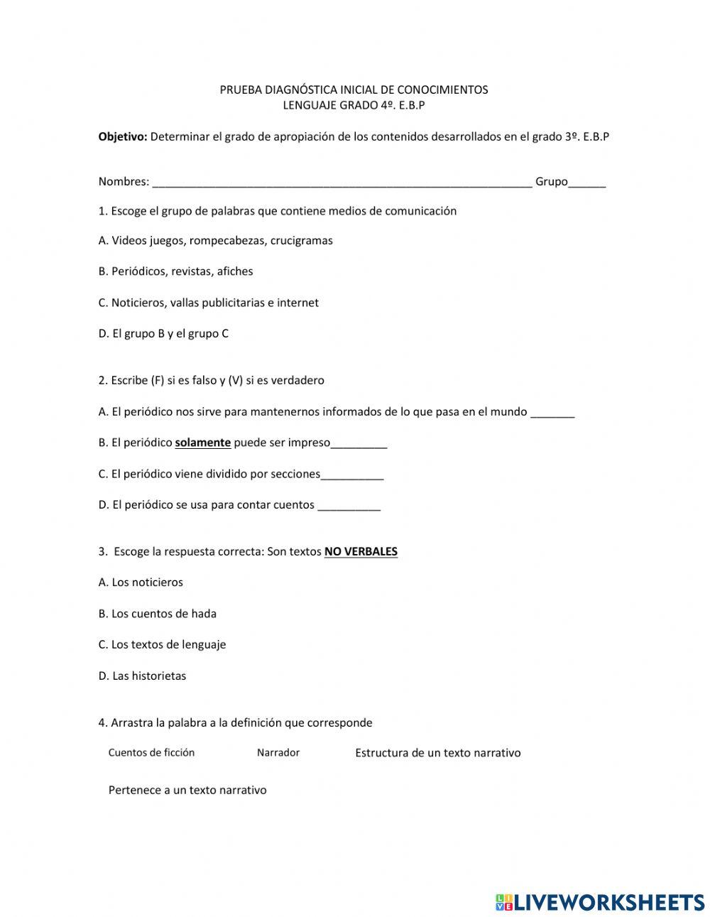 PRUEBA INICIAL DIAGNÓSTICA 4o. EBP