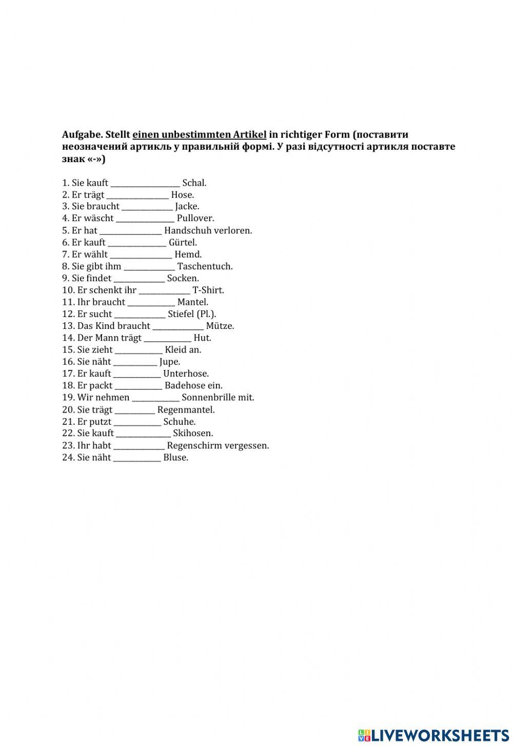 Kleidung der unbestimmte Artikel