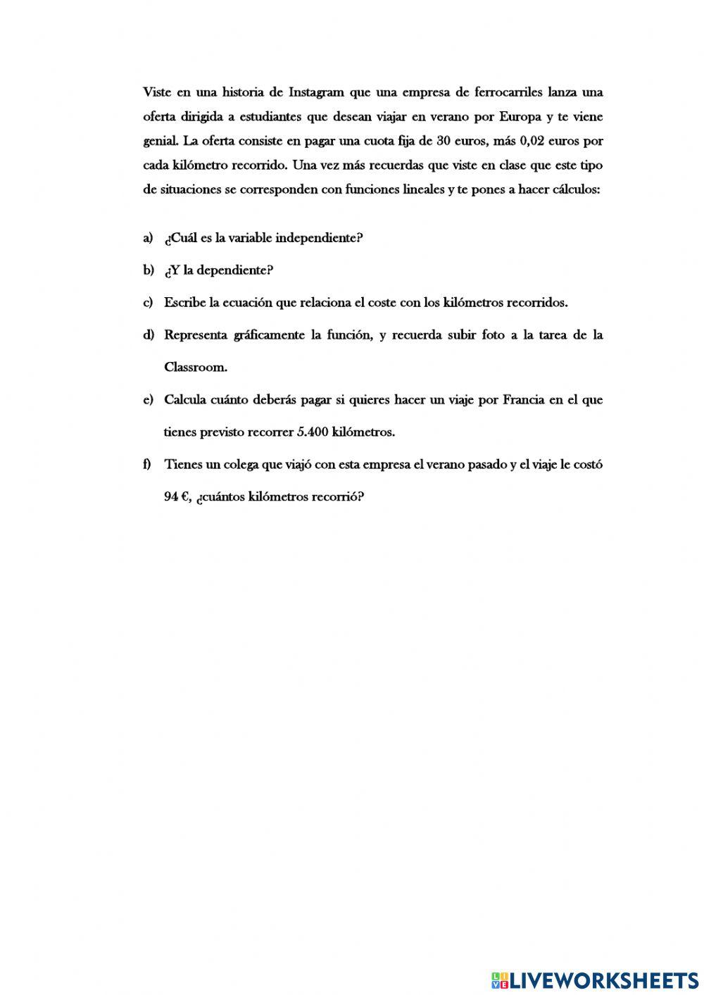 Funciones lineales y afines, situaciones cotidianas