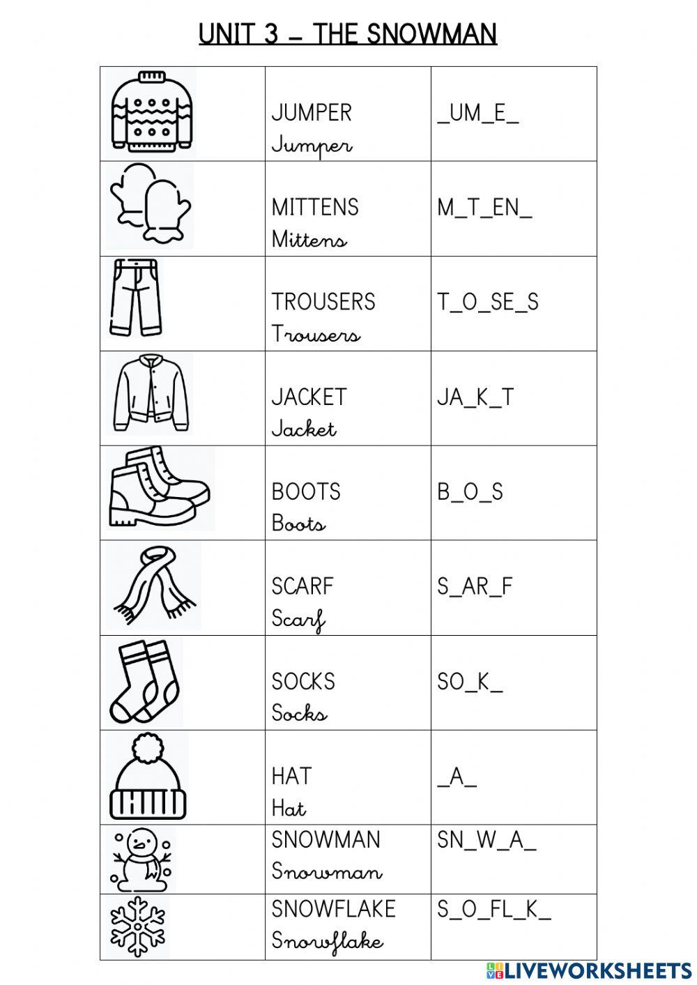 Vocabulary winter clothes worksheet