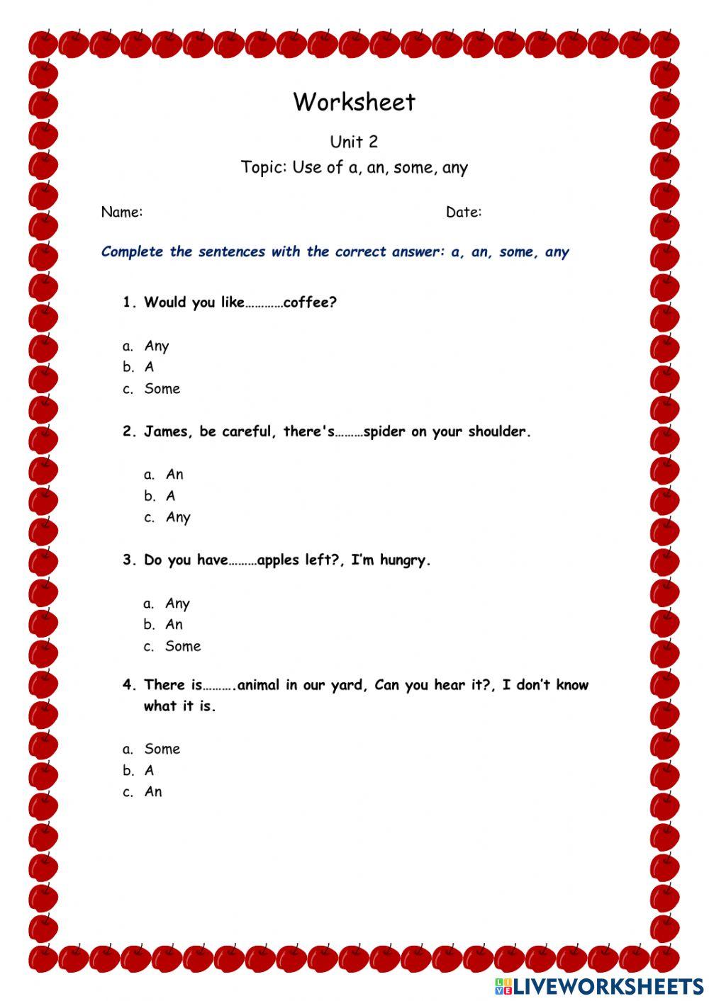 Unit 2: Use of a, an, some, any