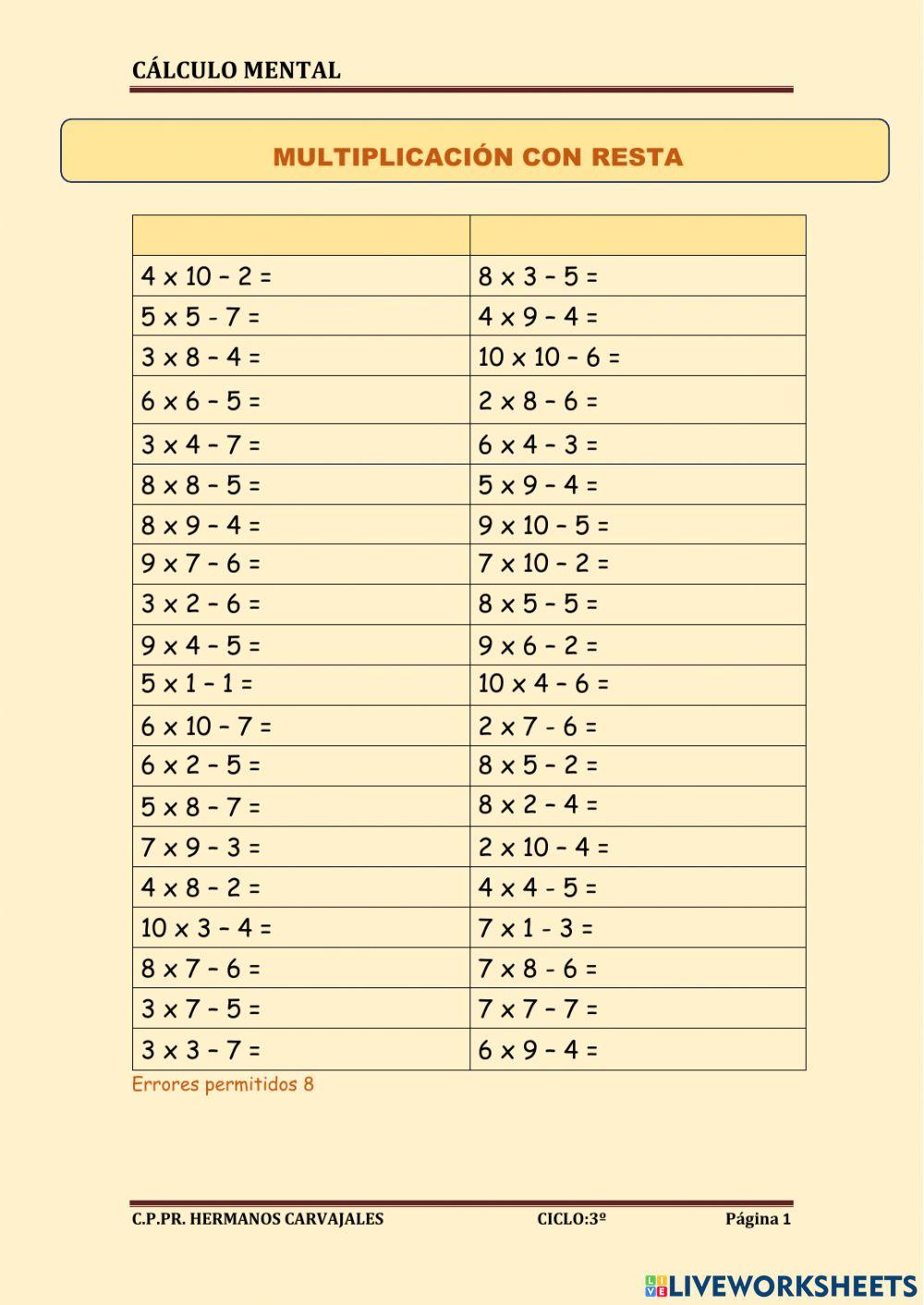 Cálculo mental. multiplicación con resta