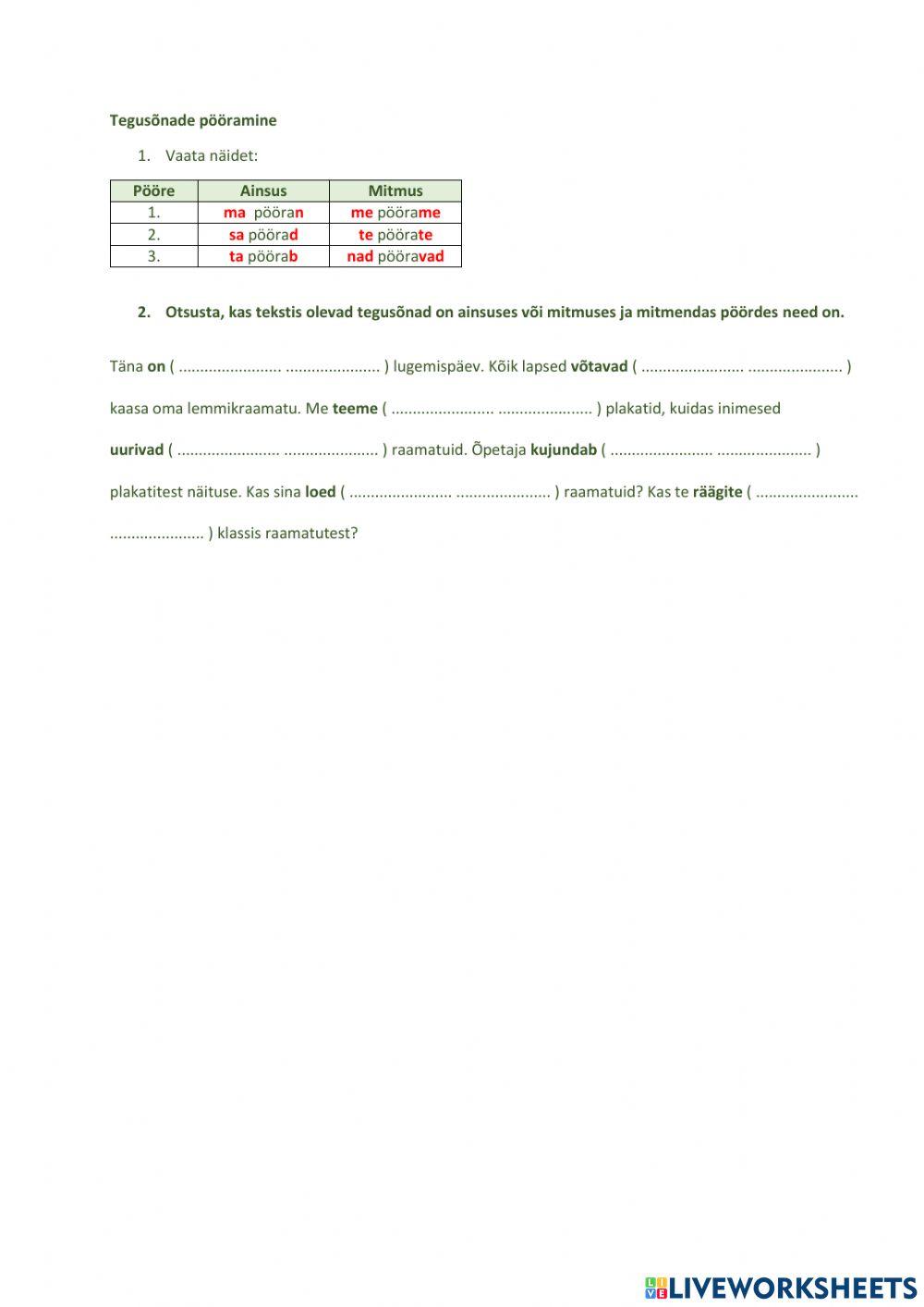 Tegusõnade pööramine, 4. klass (ainsus ja mitmus, 3 pööret)